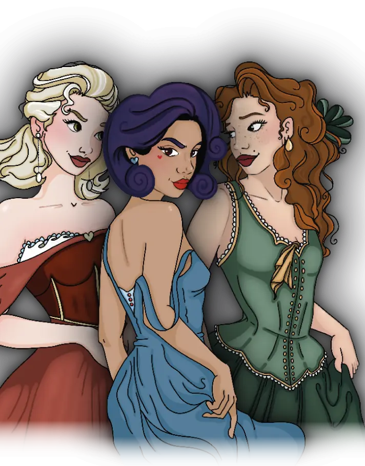 Le tre Donzelle illustrate, una accanto all’altra: Agnese in abito rosso, Cecilia in abito blu e Francesca in abito verde