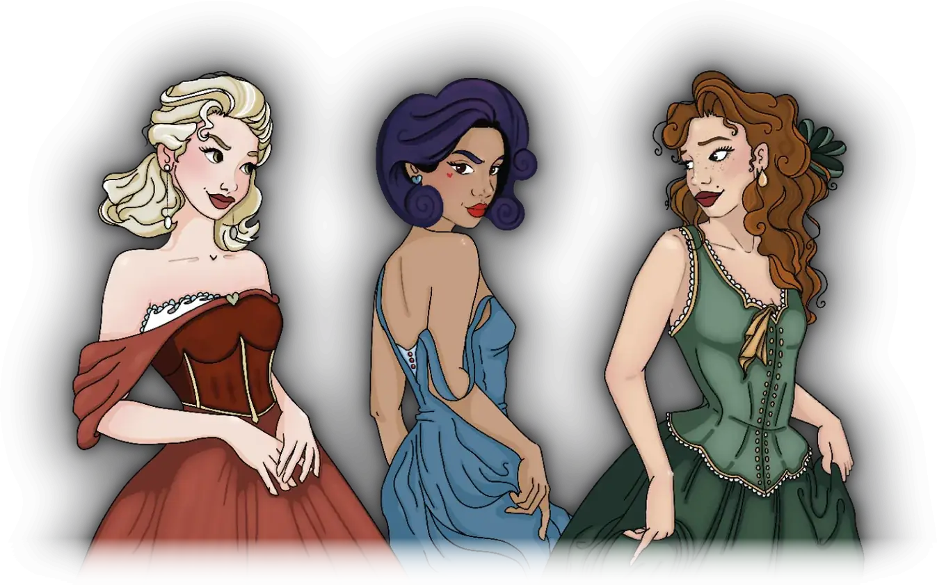 Le tre Donzelle illustrate, una accanto all’altra: Agnese in abito rosso, Cecilia in abito blu e Francesca in abito verde